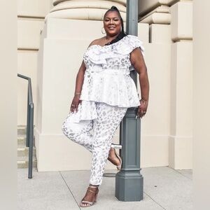 Ashley Stewart White Silver Leopard Print Asymmetrical Top & Pant Coord Set